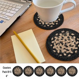 Manchester Premium Jute Braided Coaster by Homespice 4" (Set of 6) Round Black, Tan Reversible, Natural Jute Yarn Rustic, Country, Primitive, Farmhouse Style - 30 Day Risk Free Purchase