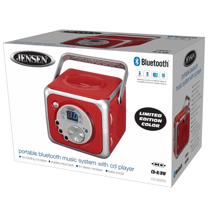 Jensen CD-555RS Red CD Bluetooth Boombox Portable Bluetooth Music System