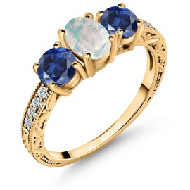 Gem Stone King 18K Yellow Gold Plated Silver Oval Cabochon White Simulated Opal Blue Created Sapphire Women Ring (2.32 Cttw, Available in size 5, 6, 7, 8, 9)