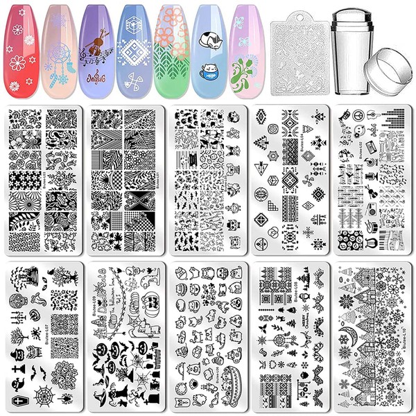 Biutee Nail Stamping Plates Kit with 1 Stamper and 1 Scraper Templates Tree Flower Animal Snowflake Image Stencils, Vintage Ethnic Plate Stamp Art for Manicure