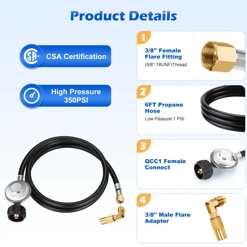 WADEO 6FT Propane Regulator Hose with 90 Degree Elbow Adapter