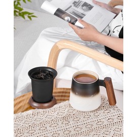 ZENS Tea Mug with Infuser and Lid for Loose Leaf Tea Steeper, 14.5 oz Embossed Ceramic Tea Cup with Fine Tea Strainers, Wood Handle Large Tea Diffusers Mugs, Tea Accessories for Tea Lovers Gifts