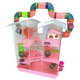 Large Twin Tower Habitat Hamster Home Rodent Gerbil Mouse Mice Rat Wire Animal Cage Long Crossover Tube (18.5" L x 14.5" W x 23" H Inch, Pink)