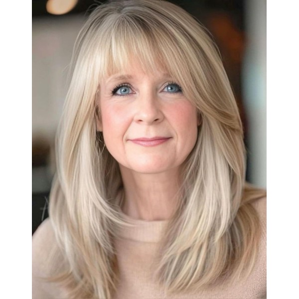 Qnbiar Long Mixed Blonde Layered Wig with Fringe Women's Synthetic