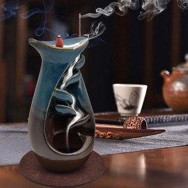 Cyiecw Backflow Incense Burner, Incense Waterfall Ceramic Incense Burner with 60 Incense Cones Backflow and 1 Mat and 1 Tweezers for Aromatherapy Ornament Home Decor (Blue)