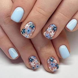 24Pcs French Tip False Nails, Short Square Blue Flowers Press on Nails with Elegant Design, Spring Summer Cute Floral Acrylic Full Cover Stick on Nails for Women and Girls Manicure Decoration