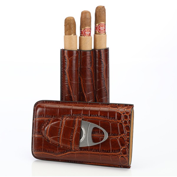 Cross Peak Products Brown Leather Cigar Case Holder with Cutter Set for 3 Cigars – Perfect Size for Men Shirt Pockets Golf Cart or Travel - Makes Great Gift with Black Gift Box Included