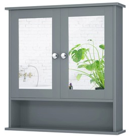 HOMGX Wall Mounted Wooden Bathroom Cabinet, Wood Storage Cabinet w/Double Mirror Doors, Wall Hanging Shelves Organizer w/Round Knob, Over-Toilet Cabinet for Bathroom, Kitchen, Bedroom (Gray)
