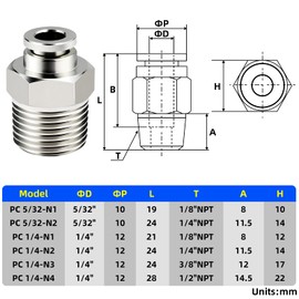 TAILONZ PNEUMATIC 304 Stainless Steel Male Straight 1/4 Inch Tube OD x 3/8 Inch NPT Thread Push to Connect Fittings PC-1/4-N3 (Pack of 5)