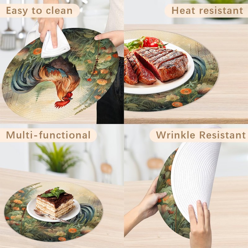 Round Braided Placemats Set of 6 Beautiful Rooster Table Mats