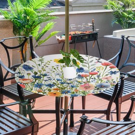 Pardick - Mantel redondo para exteriores con agujero para paraguas, diseño de flores pequeñas, redondo, ajustable, impermeable, con cierre, elástico, para mesa de patio al aire última intervensión, se