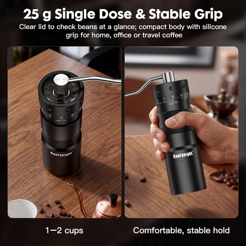 COOL KNIGHT Manual Coffee Grinder, 7-Edge SUS420 Stainless Steel Conical