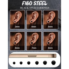 FIBO STEEL 6 Pairs Stainless Steel Black Stud Earrings for Men Women Faux Gauges Ear Tunnel Fake Gauge Earrings 3-8mm Black