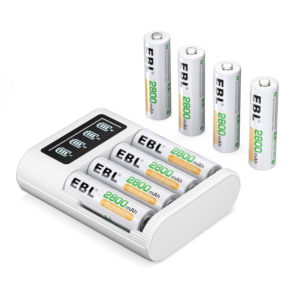 EBL Baterías AA recargables de 2800 mAh (8 paquetes) y cargador de batería USB tipo C con pantalla LCD para baterías AA AAA