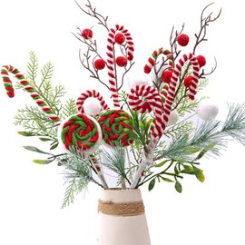 Artificial Christmas Tree Decoration Picks Pack of 4 Assorted Curly Candy Cane Lollipop Sprays Holly Leaves Berry Balls Pine Stems Tree Topper Branches Winter Holiday Season Ornaments 16 Inches Long
