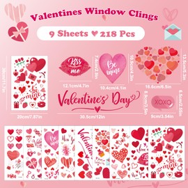 9 Sheets Valentine's Day Decorations Window Clings, 218 Pcs Love Heart Decal Static Window Stickers, Double Sided Glass Window Decor Valentine Party Ornaments Holiday Window Decal Supplies