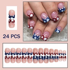4th of July Glitter French Tips Press on Nails Square Fake Nails American Five-Pointed Stars False Nails Independence Day Glue on Nails Glossy Memorial Day Artificial for Women Nails Decoration 24Pcs