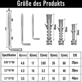 wonkeken Pack of 180 L Hooks Screw Hooks with Expansion Tube, Wall Hooks, Stainless Steel Metal Hooks, Right Angle Metal Screw Hooks, Picture Hooks for Home, Workplace, Office Hanging