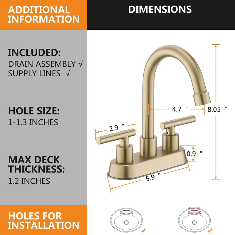 YardMonet Gold Bathroom Faucet, Brushed Gold Bathroom Faucet with 2-Handle