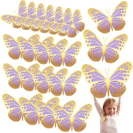 20 Pcs 3D Large Butterfly Party Decoration 2 Layer Giant Paper Butterfly Stickers Big Butterfly Wall Decoration Set Large Butterfly for Birthday Baby Shower Nursery, 3 Size (Gold, Purple)