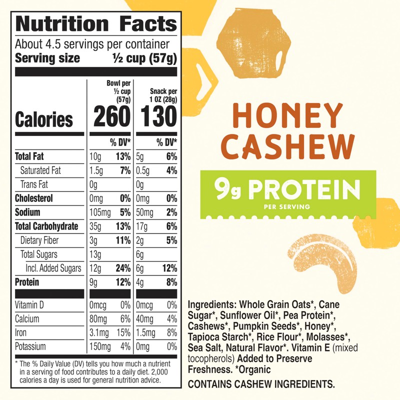Cascadian Farm Organic Honey Cashew Granola, Protein Granola, Non-GMO, Resealable