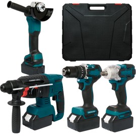 SELFIE CAT Power Tool Combo Kits, 4 Pieces Brushless Machine Set Electric Hammer/Angle Grinder/Impact Wrench/Drill Supplied in 1 Large Carry Case, Electric Tools