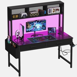 Black Gaming Desk with Hutch and Shelves - Gaming Computer Desk with 2 Storage Drawers, LED Light and Power Outlets, 47 Inch Working Modern Writing Study Desks for Bedroom Home Office