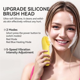 Silicone Face Scrubber, Facial Cleansing Brush with Heating and Vibration, Electric Waterproof Face Wash Brush with 5 Strength Adjustable for Exfoliating, Deep Cleaning, and Face Massaging (Yellow)