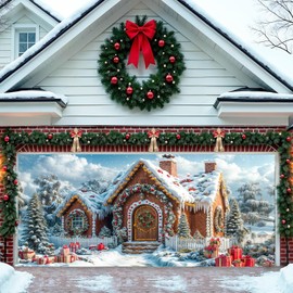 16X7FT Christmas Gingerbread House Garage Door Decorations Cover, Winter Christmas Village Candy Snowy Landscape Background, Xmas Eve Kids Party Decor for Outdoor Indoor Wall Window Yard
