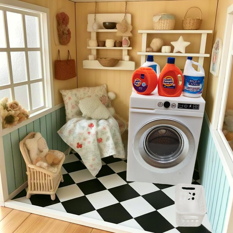 Cyraft 1:12 Scale Miniature Electric Washing Machine and Laundry Set,