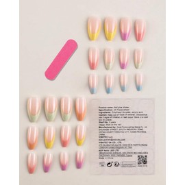 Almond Shape Spring Pastel Rainbow French Tip Press-On Nails, 24 Pieces, with Nail File, Glue, Nail Case, and Adhesive Tabs