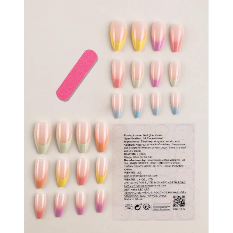 Almond Shape Spring Pastel Rainbow French Tip Press-On Nails, 24