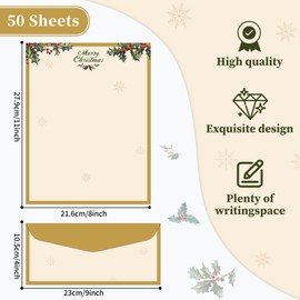 Lonfliness 50 Sets Vintage Christmas Holly Letterhead with Envelopes Christmas Border Computer Stationery paper for Note Letters to Santa Holiday Printer Paper Invitations Office School 8.5 x 11 In