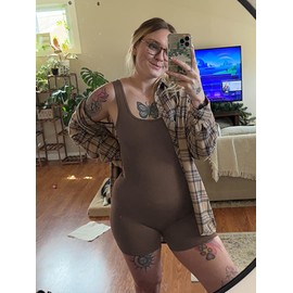 AIBIANOCEL Women's Maternity Bodysuit Pregnancy Shapewear Sleeveless Tank Top Shorts Ribbed Romper Jumpsuit(Coffee,Medium)