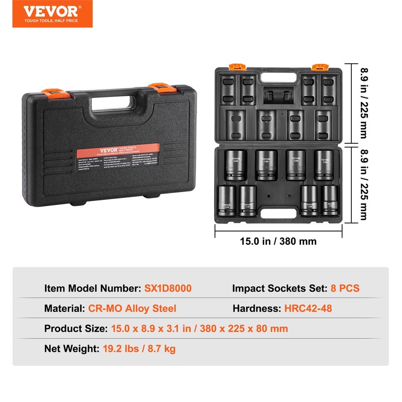 VEVOR 1" Drive Impact Socket Set, 8 Piece Deep Socket