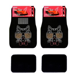 Universal Fit Car Truck Front/Rear 4-Piece Full Set Crystal Bling Rhinestone Design Studded Black Carpet Floor Mats (Leopard Cat-Black)