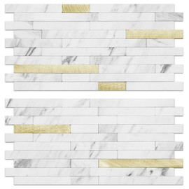 AULIGET 20 Sheets White Marble Look Mixed Metal Gold Peel and Stick Backsplash, Faux Stone PVC Wall Tiles Stick on Backsplash for Kitchen