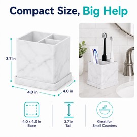 Silicone Toothbrush Holders for Bathrooms, 3 Slots Unbreakable Marble Countertop Electric Tooth Brush and Toothpaste Holder Organizer Stand with Drainage Tray, Bathroom Accessories Decor, White Marble
