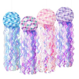 Mermaid Birthday Decorations Jellyfish Paper Lanterns Mermaid Scales Hanging Lantern for Girls Birthday, Baby Shower, Ocean Theme Party Decoration, Set of 4