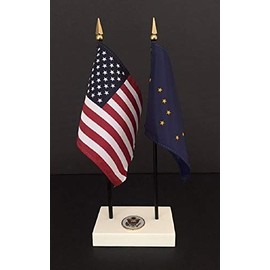 1 American and 1 Alaska Executive Flag Set American Made Rayon 4x6 inch Desk Set Includes a 2-Hole White ArcticSno Base with a USA Great Seal and Two Flags
