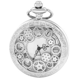 Tiong Gears Pocket Watch Vintage Hollow Steampunk Pocket Watch with Chain for Men Xmas Gift, 1BSN070-Silver