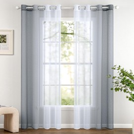 Woaboy Set of 2 Voile Curtains, Two-Tone Curtain with Eyelets, Transparent Curtain, Eyelet Curtain, Decorative Curtain, Translucent Window Scarf for Bedroom and Living Room, 140 x 225 cm, Grey