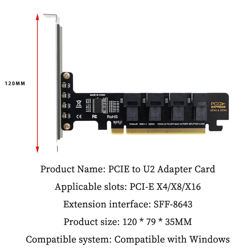 PH49 PCIe4.0 X16 to 4-Port U.2 NVME SFF-8643 SFF-8639 Expansion
