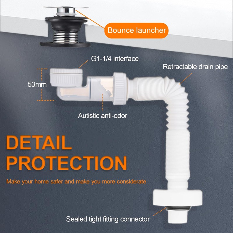 HUAREW 1 1/4 Inch Siphon, Adjustable Sink Siphon, 360° Adjustable