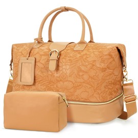 Large Leather Weekender Bags for Women, Travel Duffel Bag PU Overnight Bag Carry On Tote Bag with Shoe Compartment Wet Pocket and Toiletry Bag for Travel Business Women Men (Embossing Brown L)