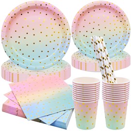 BLLREMIPSUR Partygeschirr Set, Einweg Papier Geschirr, Papier Geschirr, Pappbecher, Serviette, Strohhalme für Hochzeit Geburtstag Brautparty (Regenbogen)