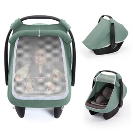 Blissful Diary Baby Car Seat Cover, Extra Large Mesh Window, Breathable Muslin Cotton, Infant Windproof Canopy, Must-Have Baby Gift - Roman Green
