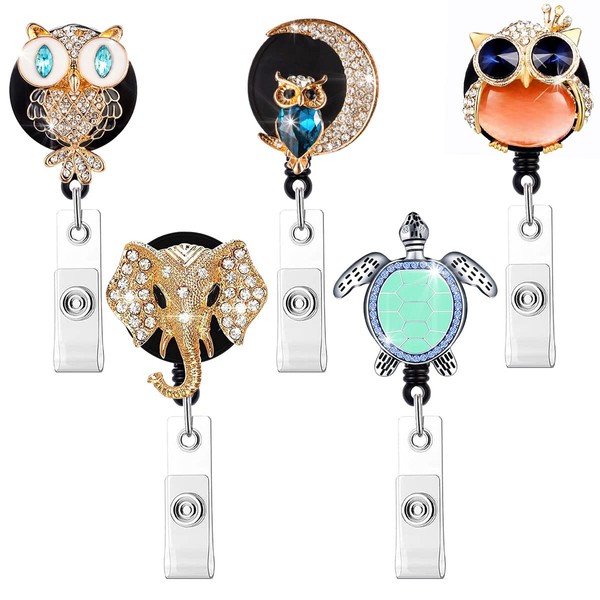 HASFINE 5 Pack Crystal Badge Reels Retractable, Handmade Bling Rhinestone