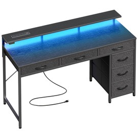 Huuger Gaming Desk with 6 Drawers, Computer Desk with LED Lights Power Outlets and Type-C, 47 Inch Office Desk with Storage, Monitor Stand, Writing Desk Work Desk for Home Office, Bedroom, Study, Grey
