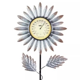 Exhart Outdoor Silver Nature Garden Stake Thermometer